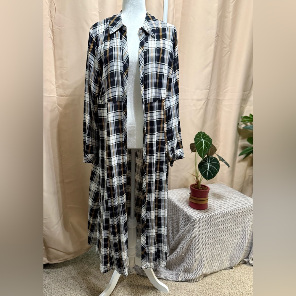 Torrid Plaid Maxi Shirt Dress Duster Long Sleeve Yellow Black White - Sz 2 - Picture 13 of 16